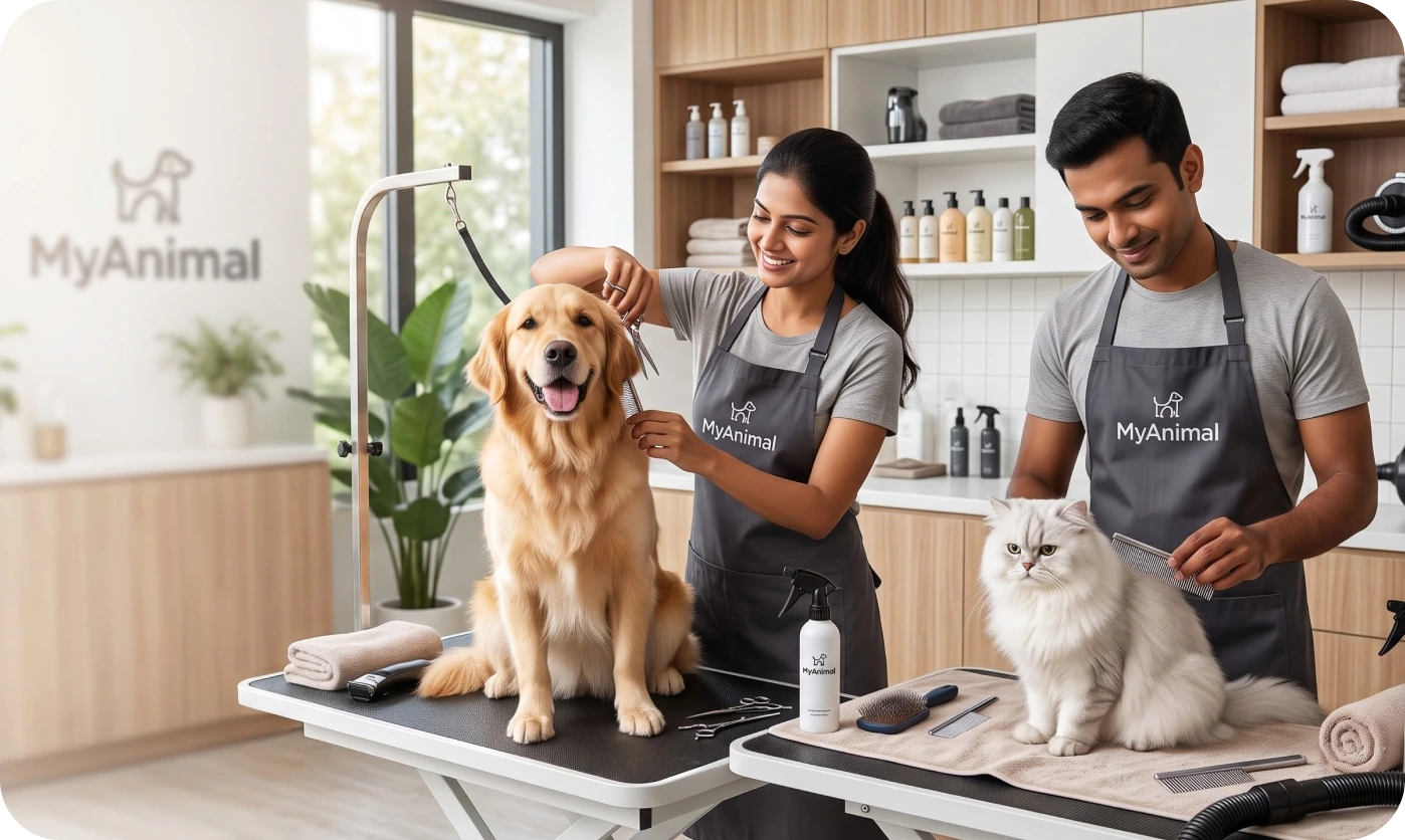 Pet Grooming Room with Cat and Dog