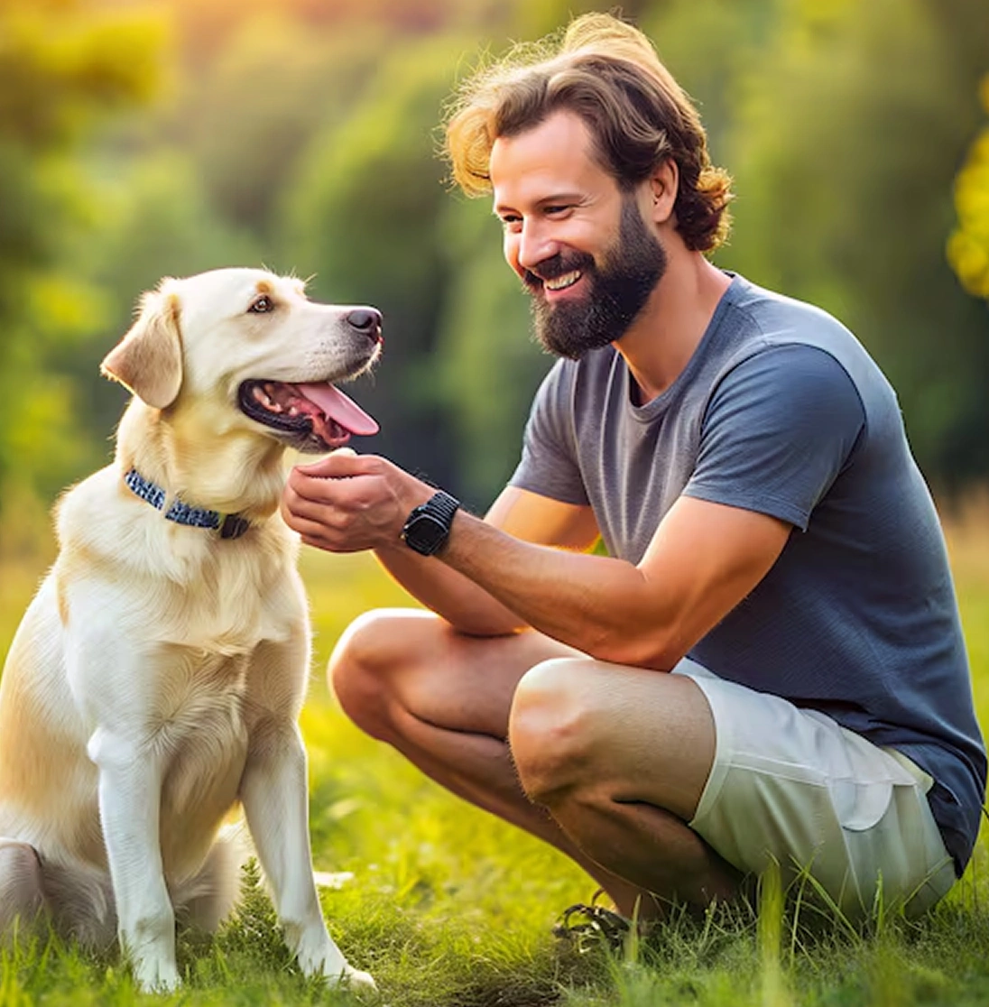 Man crouching and smiling with his dog outdoors