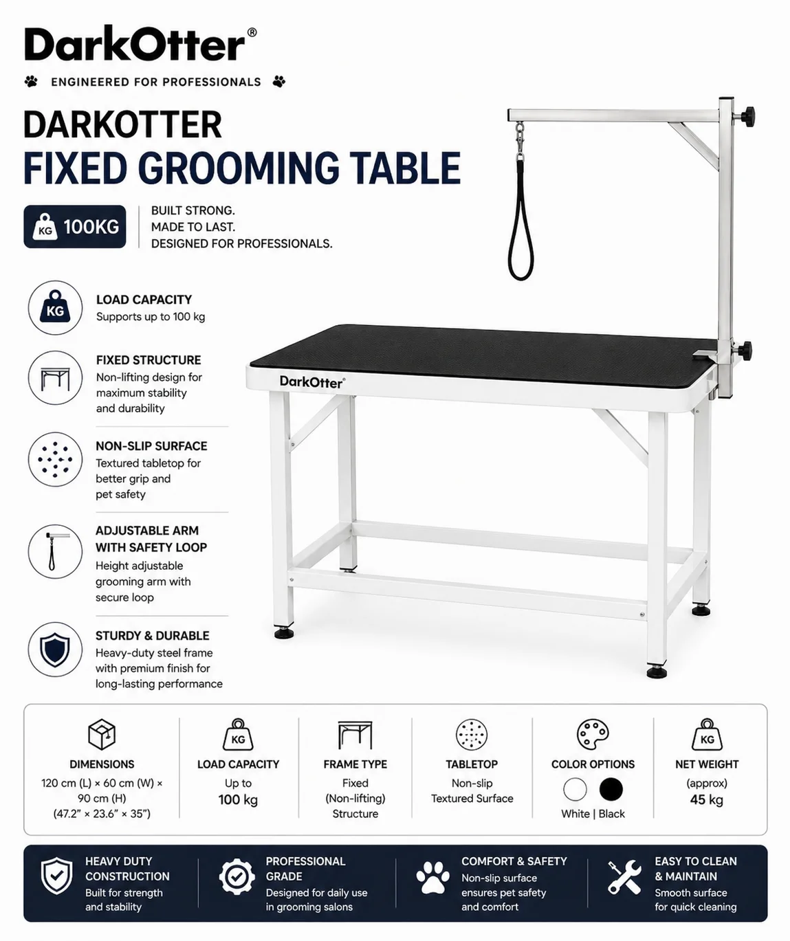 DarkOtter ProStable Fixed Grooming Table – Large Breed Ready | Heavy-Duty Non-Slip Surface | Adjustable Arm & Clamp | Professional Salon & Mobile Grooming Station - Image 2
