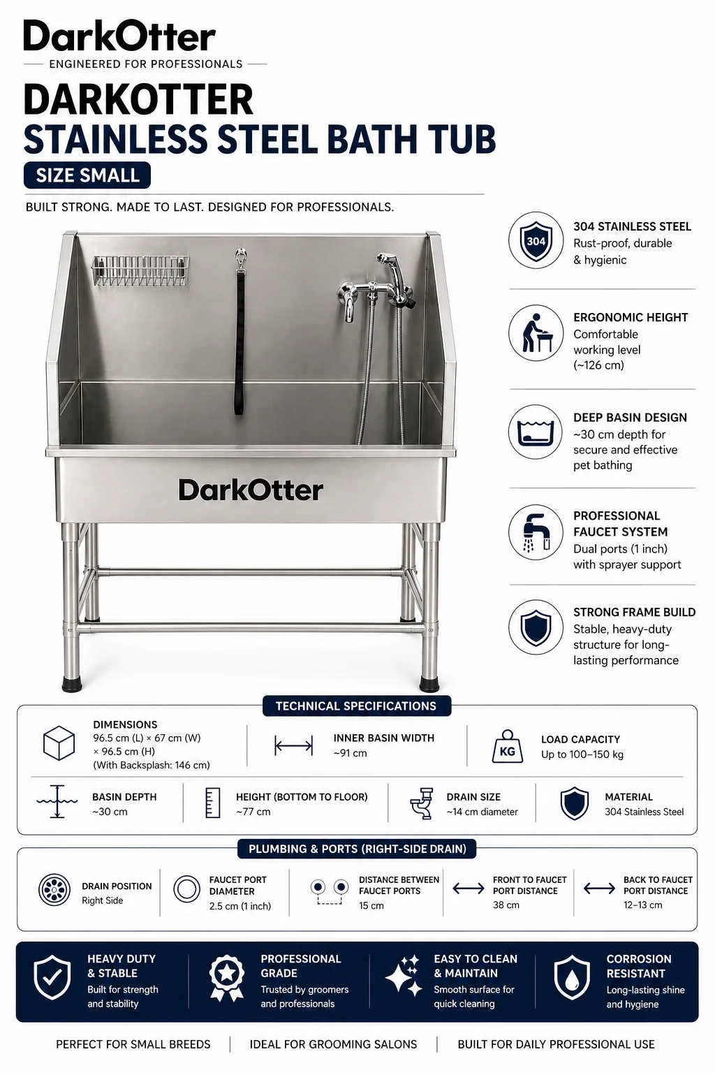 DarkOtter ProBath Small Stainless Steel Bath Tub – Compact Pet Washing Station | Non-Slip Surface | Clinical-Grade Drainage | 45Kg Capacity | For Small Breeds and Cats - Image 3