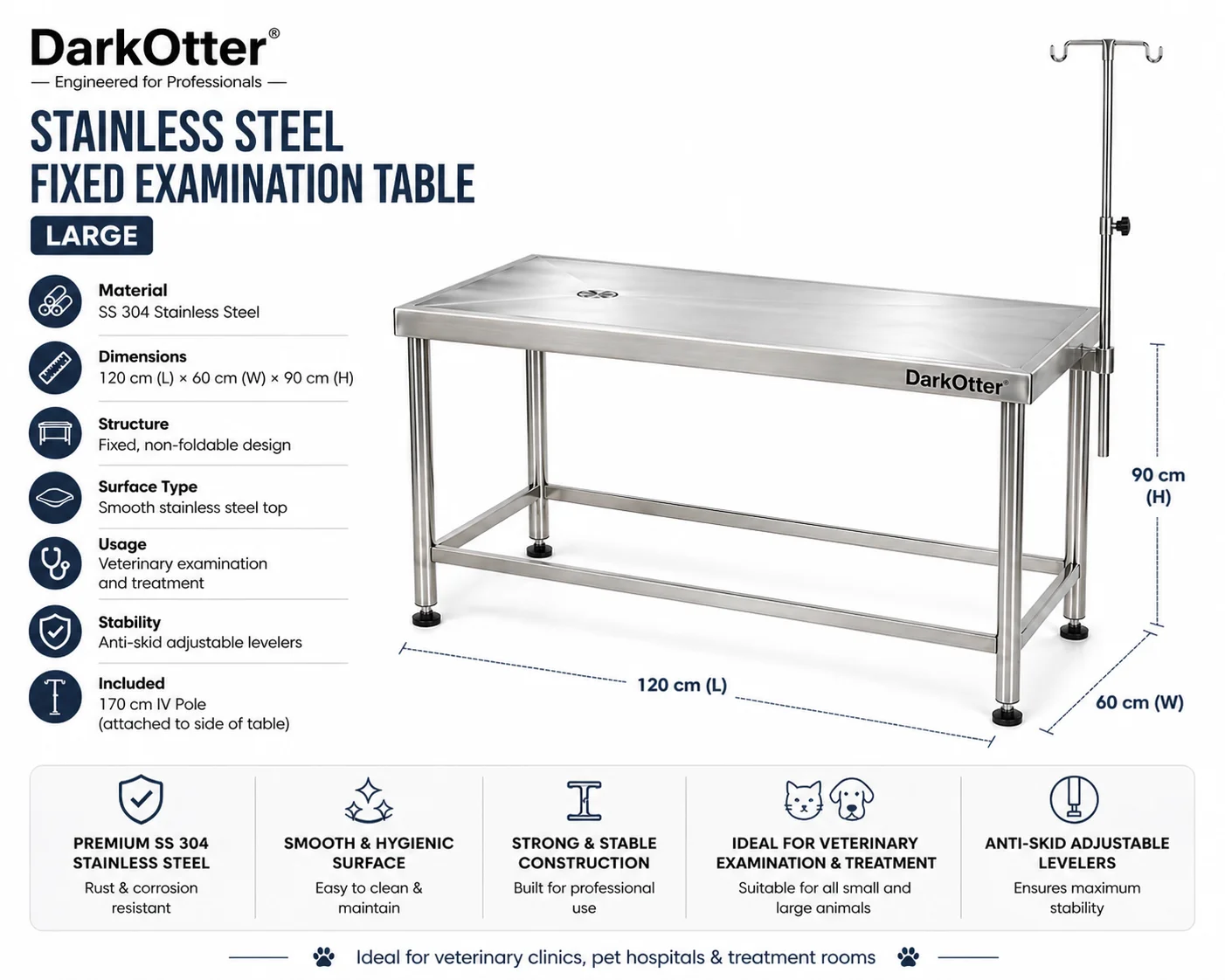 DarkOtter VetCare Large Examination Table – SS 304 | Pathogen-Resistant | Easy-Sterilize | 100kg Capacity - Image 2