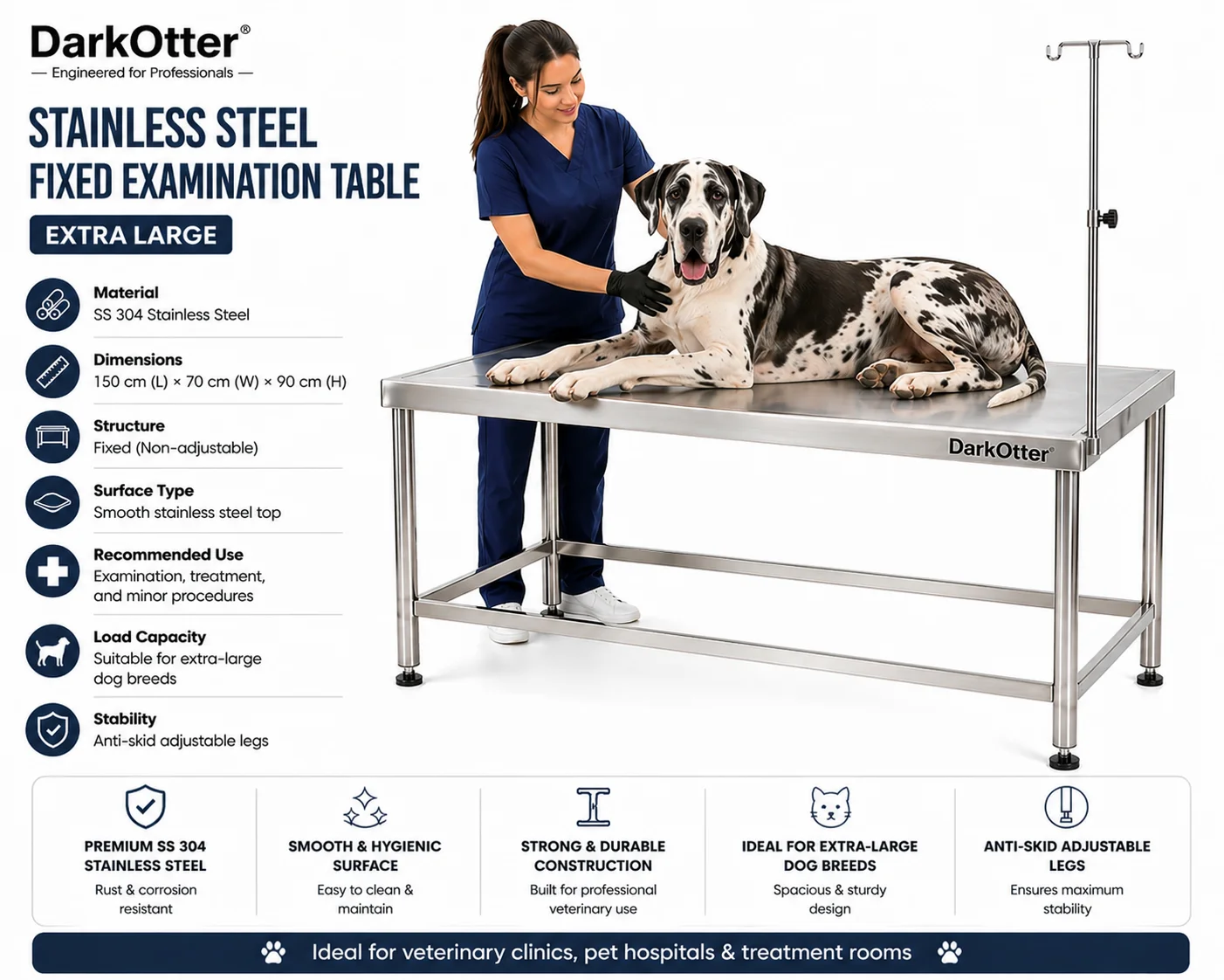 DarkOtter VetCare Extra Large Examination Table – SS 304 | Pathogen-Resistant | Easy-Sterilize | 150kg Capacity - Image 2