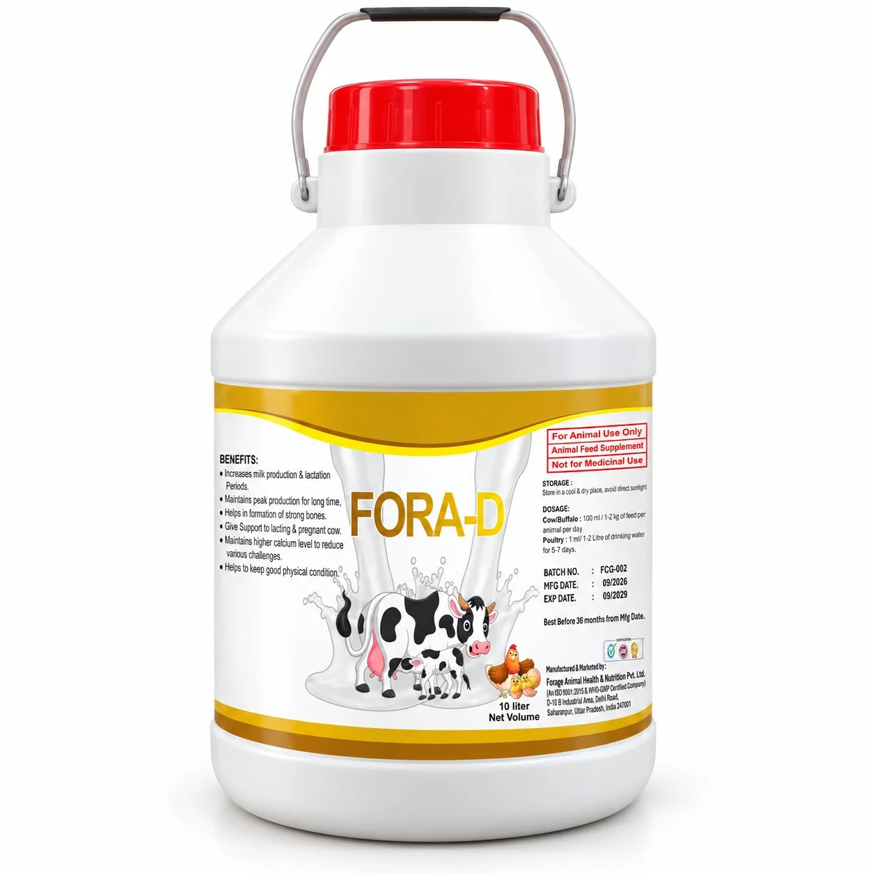 Chelated Fora-D Strong Suspension 10LTR – Calcium & Vitamin Cattle Feed Supplement – Dollu