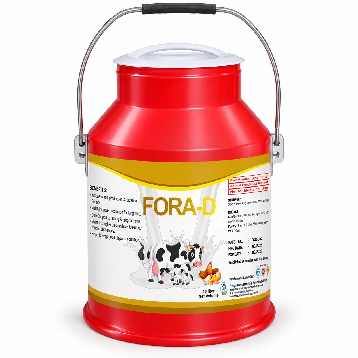 Chelated Fora-D Strong Suspension 10LTR – Calcium & Vitamin Cattle Feed Supplement – Milk Can