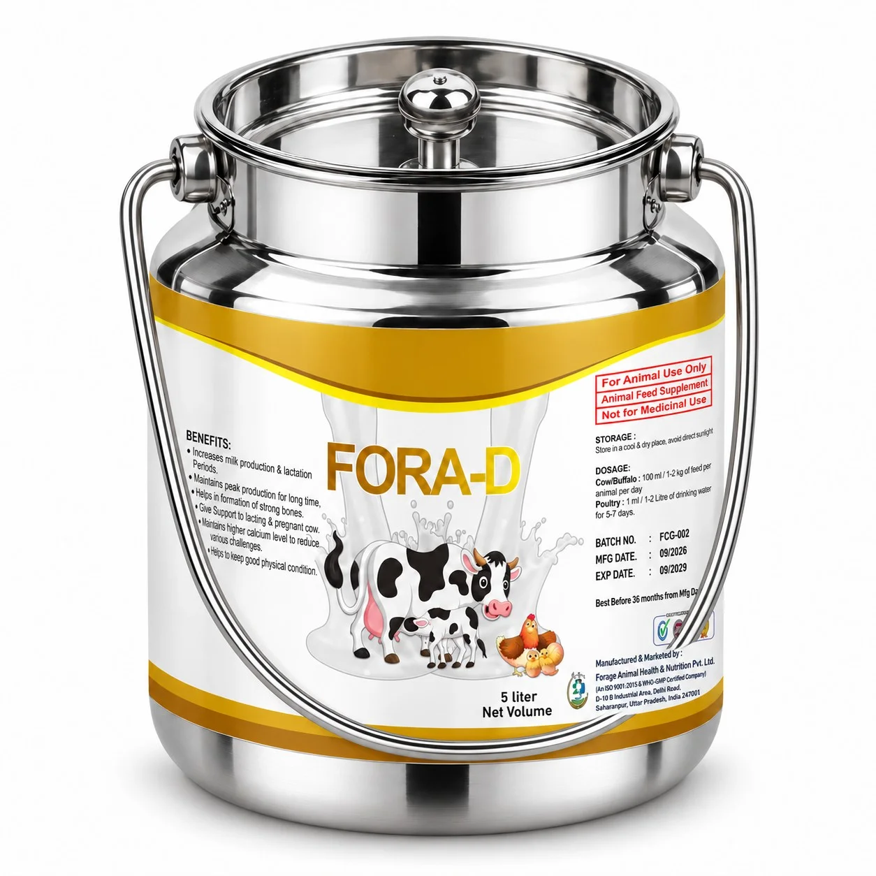Chelated Fora-D Strong Suspension 5 LTR – Calcium & Vitamin Cattle Feed Supplement – Steel Dollu