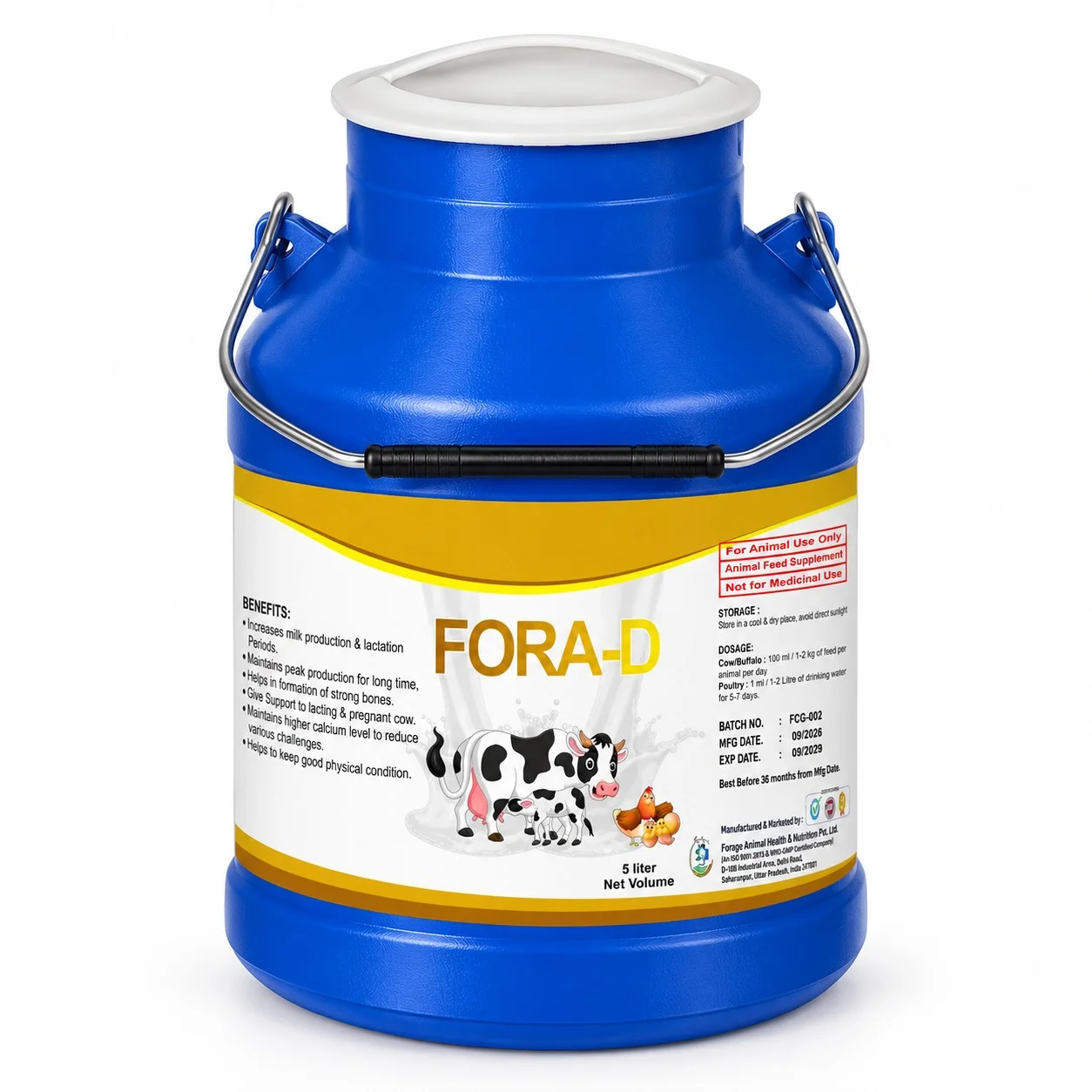 Chelated Fora-D Strong Suspension 5LTR – Calcium & Vitamin Cattle Feed Supplement – Milk Can