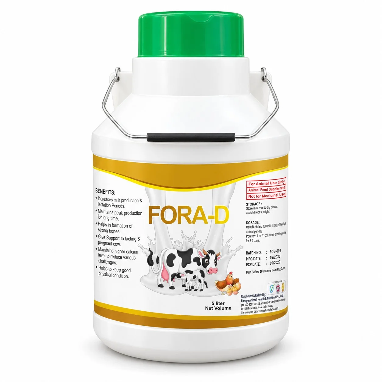 Chelated Fora-D Strong Suspension 5LTR – Calcium & Vitamin Cattle Feed Supplement – Steel Handle