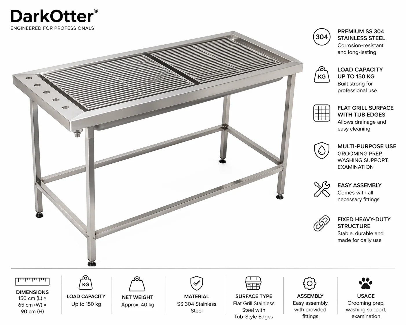 DarkOtter Veterinary Tub Table Large – 150×65cm SS 304 | Multi-Use Clinical Surface | Easy-Sterilize Design