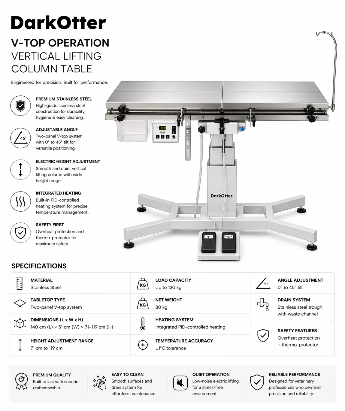 DarkOtter Veterinary V-Top Operation Table – Clinical Surgical Station | SS 304 | Integrated Heating System | 100kg Capacity - Image 2