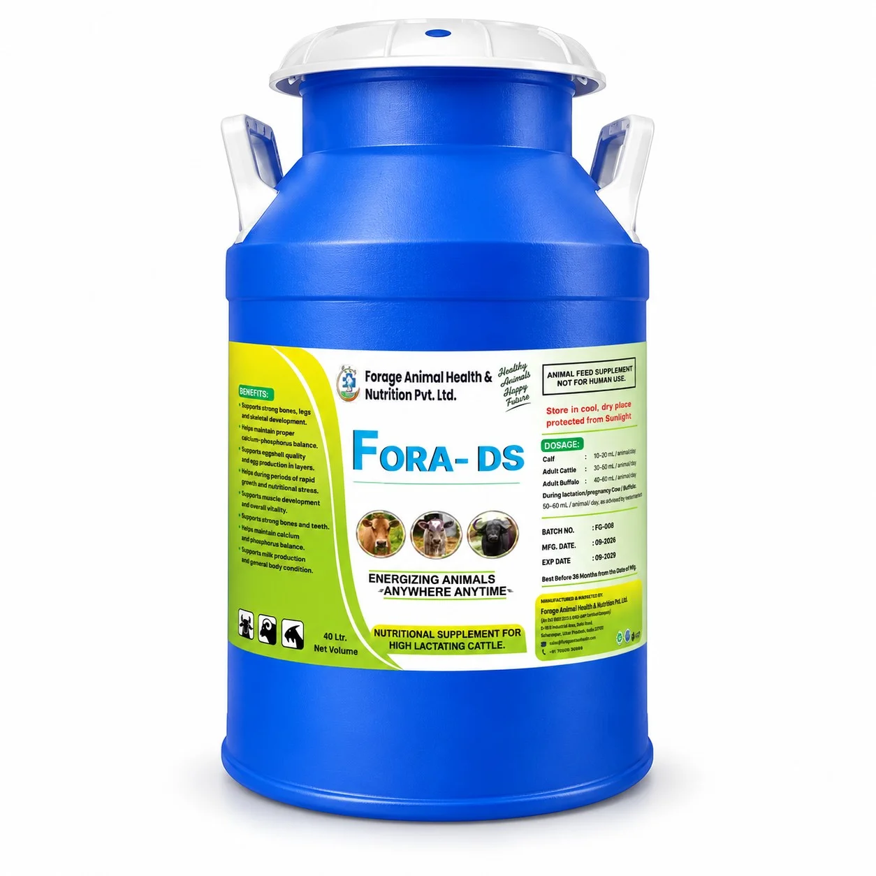 Fora-DS Suspension 40LTR – High-Potency Double Strength Calcium & Vitamin Cattle Feed Supplement – Milk Can