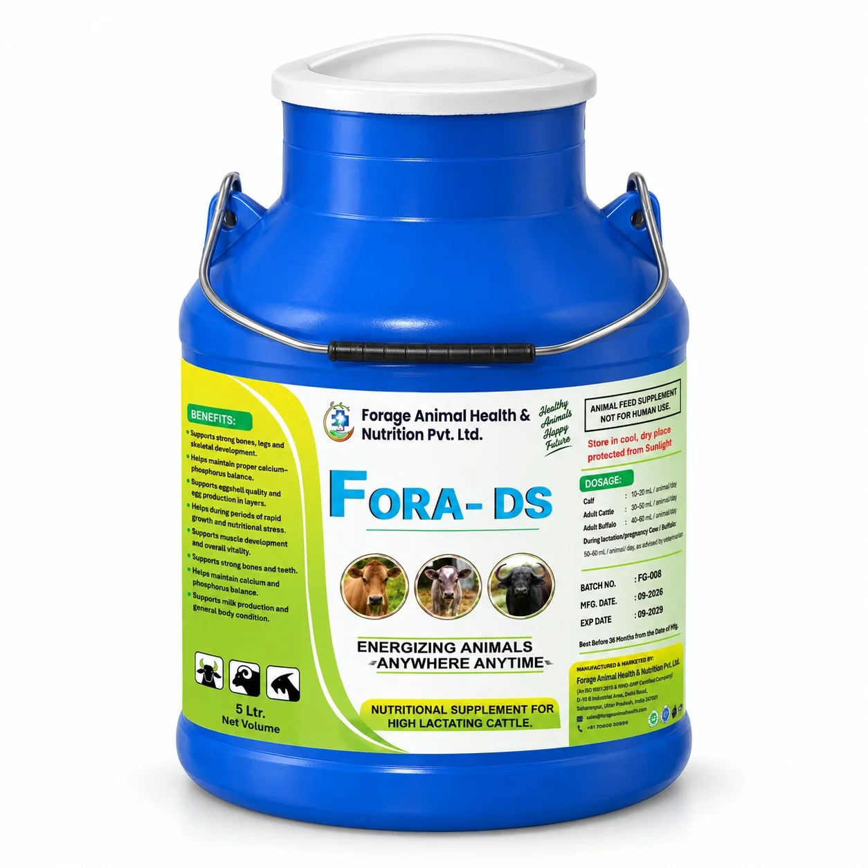 Fora-DS Suspension 5LTR – High-Potency Double Strength Calcium & Vitamin Cattle Feed Supplement – Milk Can